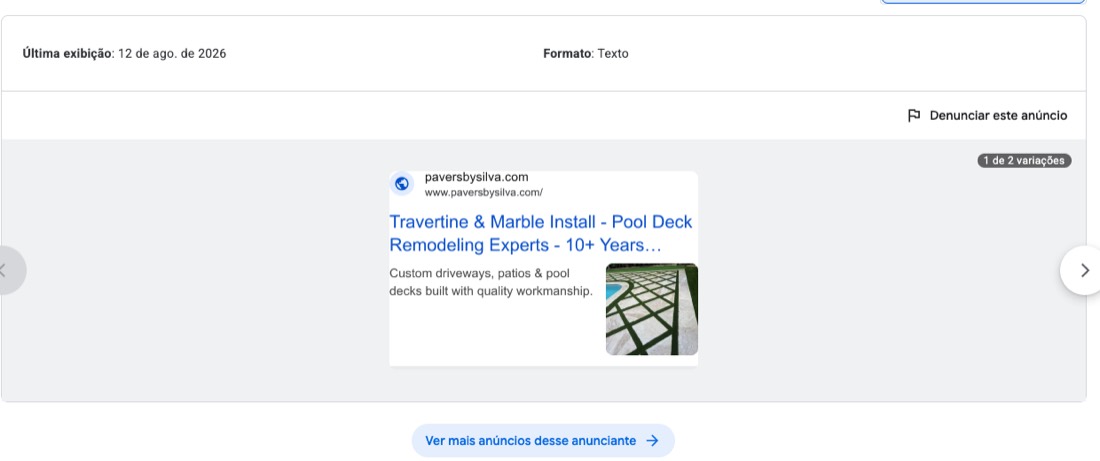 Anuncio ativo de travertino no Centro de Transparencia do Google, apontando para a home
