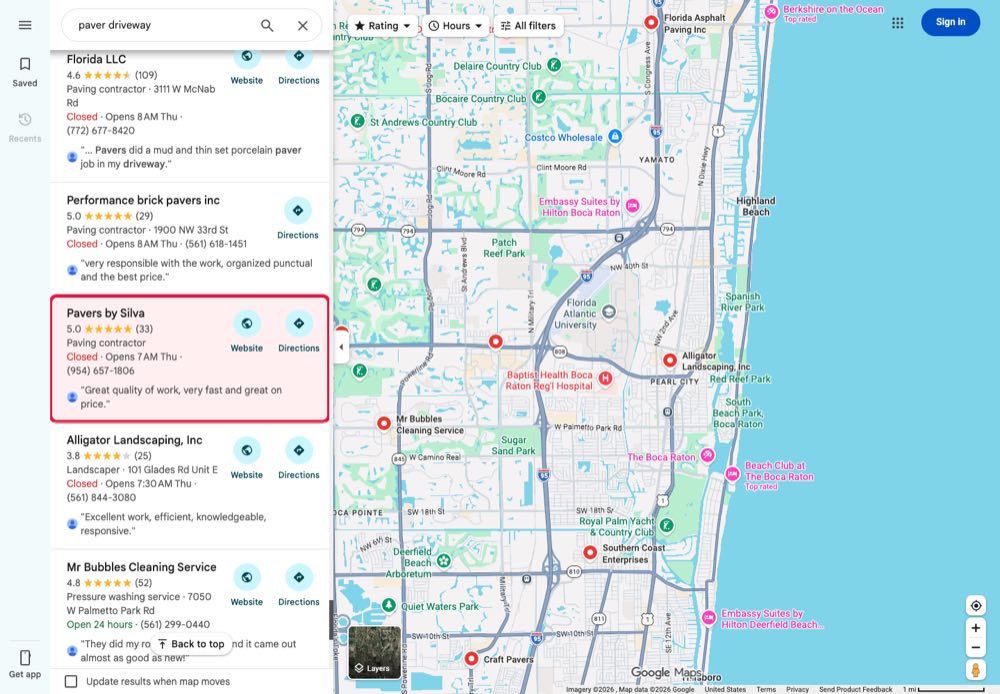 Busca por paver driveway no Google Maps saindo de Boca Raton, com Pavers by Silva destacado