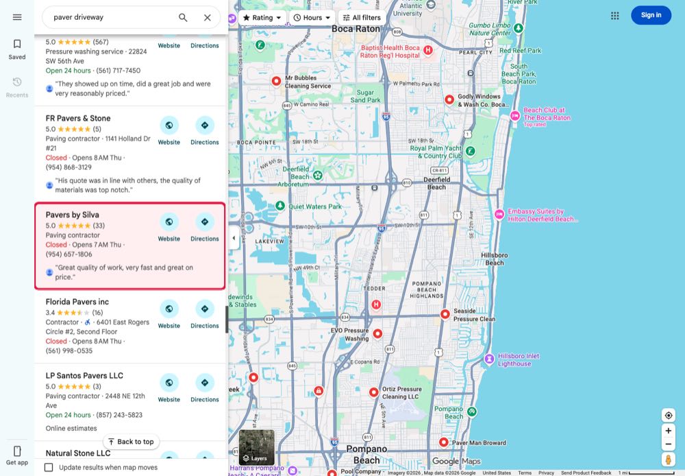Busca por paver driveway no Google Maps saindo de Deerfield Beach, com Pavers by Silva destacado
